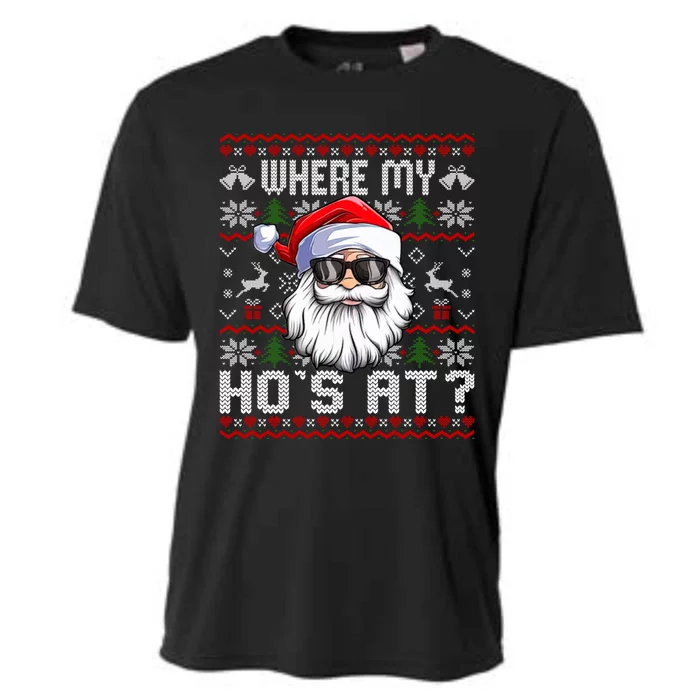 Where My Hos At Ugly Christmas Sweater Santa Claus Style Gift Cooling Performance Crew T-Shirt