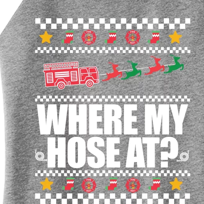 Where My Hose At? Firefighter Ugly Christmas Sweater Meme Gift Women’s Perfect Tri Rocker Tank