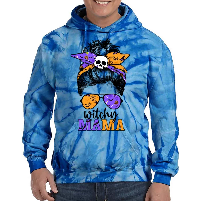 Witchy Mama Halloween Skull Witch Mom Messy Bun Spooky Great Gift Tie Dye Hoodie