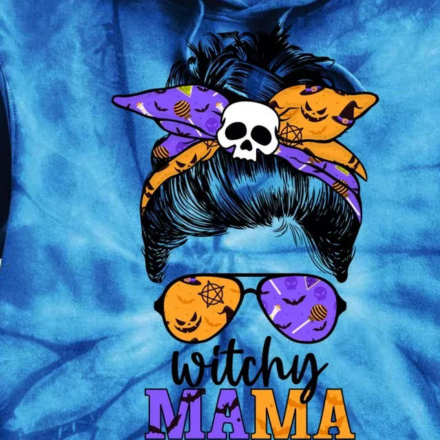 Witchy Mama Halloween Skull Witch Mom Messy Bun Spooky Great Gift Tie Dye Hoodie