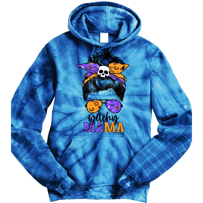 Witchy Mama Halloween Skull Witch Mom Messy Bun Spooky Great Gift Tie Dye Hoodie