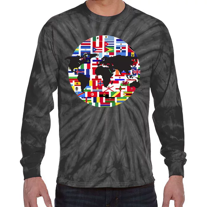 World Map International Country Flags Traveling World Flags Tie-Dye Long Sleeve Shirt