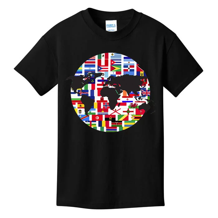 World Map International Country Flags Traveling World Flags Kids T-Shirt