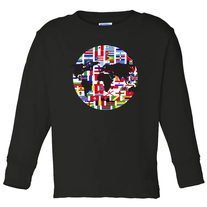 World Map International Country Flags Traveling World Flags Toddler Long Sleeve Shirt