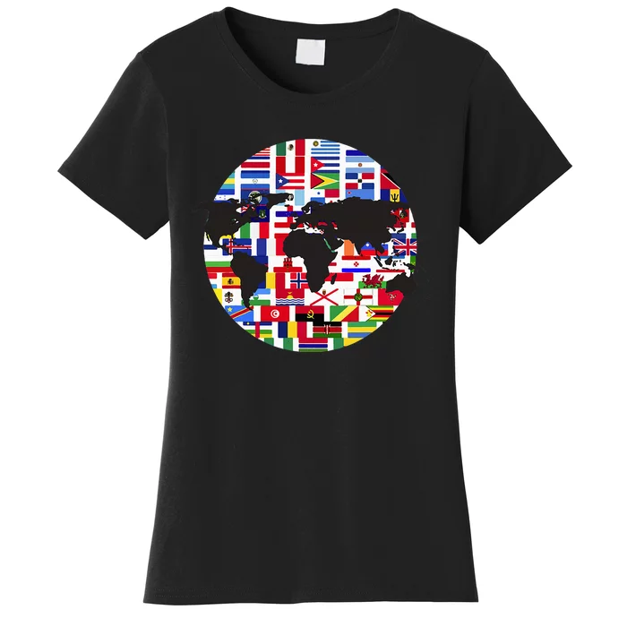 World Map International Country Flags Traveling World Flags Women's T-Shirt