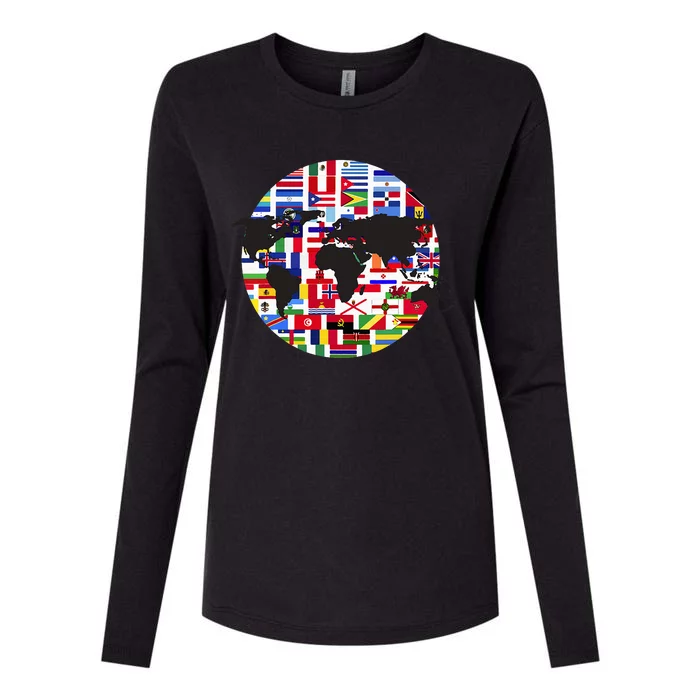 World Map International Country Flags Traveling World Flags Womens Cotton Relaxed Long Sleeve T-Shirt