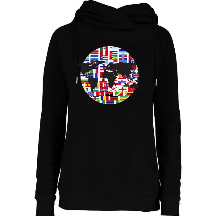 World Map International Country Flags Traveling World Flags Womens Funnel Neck Pullover Hood