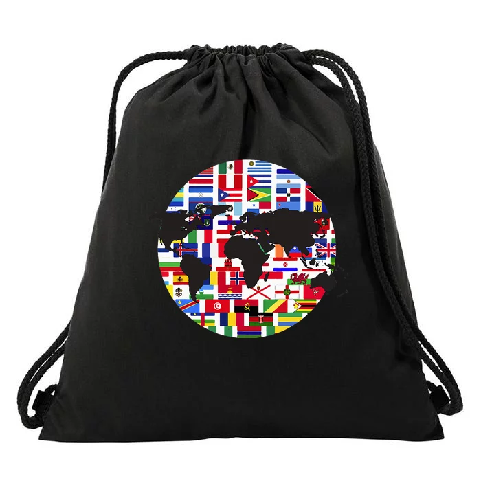 World Map International Country Flags Traveling World Flags Drawstring Bag