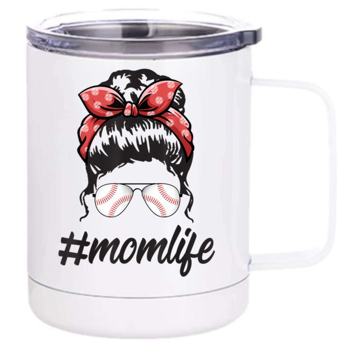 Womens Mom Life Softball Baseball Mothers Day Messy Bun Front & Back 12oz Stainless Steel Tumbler Cup