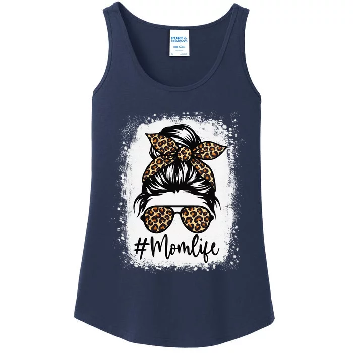 Women Mom Life Bleached Mom Life Leopard Messy Bun Ladies Essential Tank