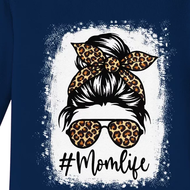 Women Mom Life Bleached Mom Life Leopard Messy Bun Baby Long Sleeve Bodysuit