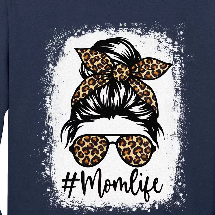 Women Mom Life Bleached Mom Life Leopard Messy Bun Tall Long Sleeve T-Shirt