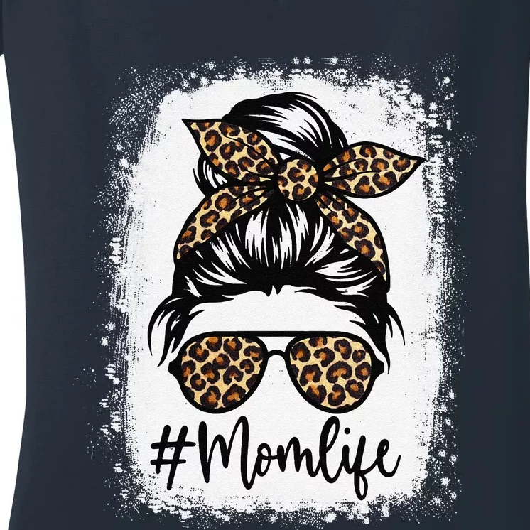 Women Mom Life Bleached Mom Life Leopard Messy Bun Women's V-Neck T-Shirt