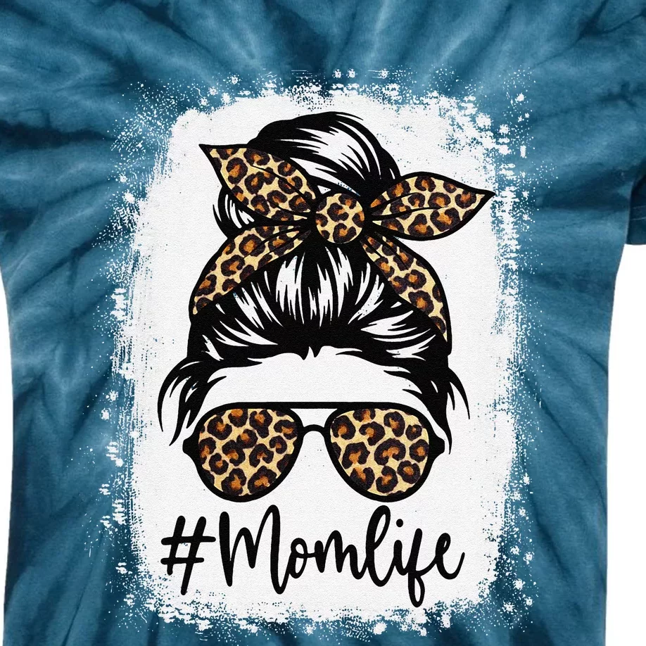 Women Mom Life Bleached Mom Life Leopard Messy Bun Kids Tie-Dye T-Shirt