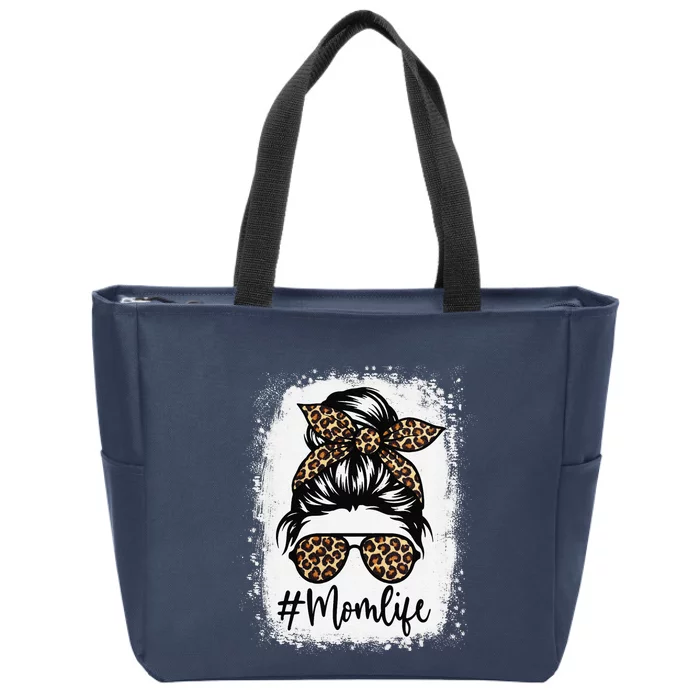 Women Mom Life Bleached Mom Life Leopard Messy Bun Zip Tote Bag