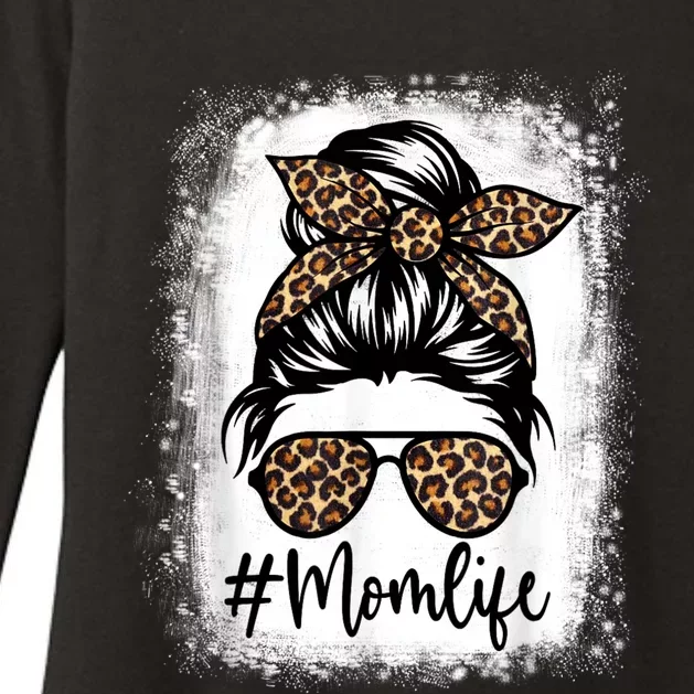 Women Mom Life Bleached Shirt Mom Life Leopard Messy Bun Womens CVC Long Sleeve Shirt