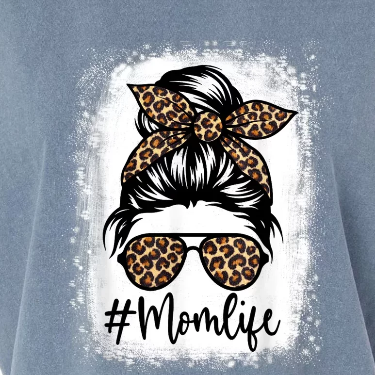 Women Mom Life Bleached Shirt Mom Life Leopard Messy Bun Garment-Dyed Women's Muscle Tee