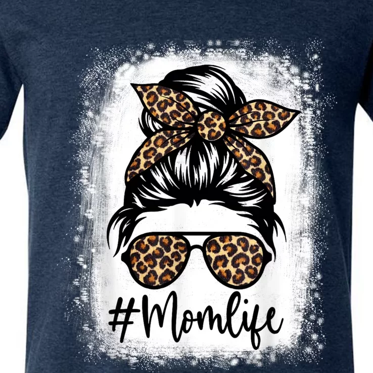 Women Mom Life Bleached Shirt Mom Life Leopard Messy Bun V-Neck T-Shirt