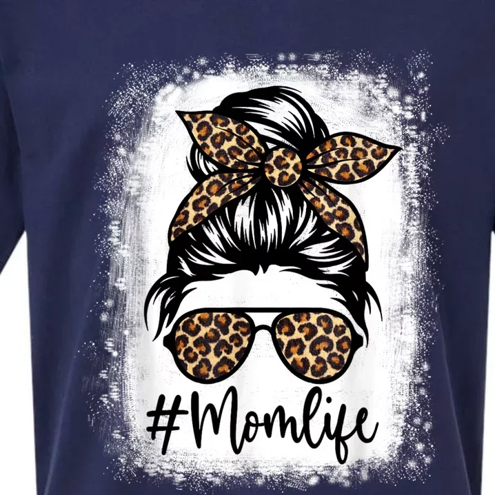 Women Mom Life Bleached Shirt Mom Life Leopard Messy Bun Sueded Cloud Jersey T-Shirt