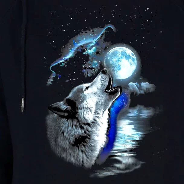 Wolf Moon Lake Wolf Howling Full Moon Wolf Graphics Design Womens Funnel Neck Pullover Hood