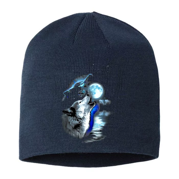 Wolf Moon Lake Wolf Howling Full Moon Wolf Graphics Design 8 1/2in Sustainable Knit Beanie