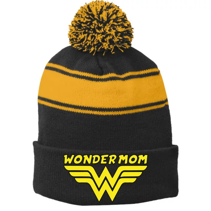 Wonder Mom Mother's Day Gift Stripe Pom Pom Beanie