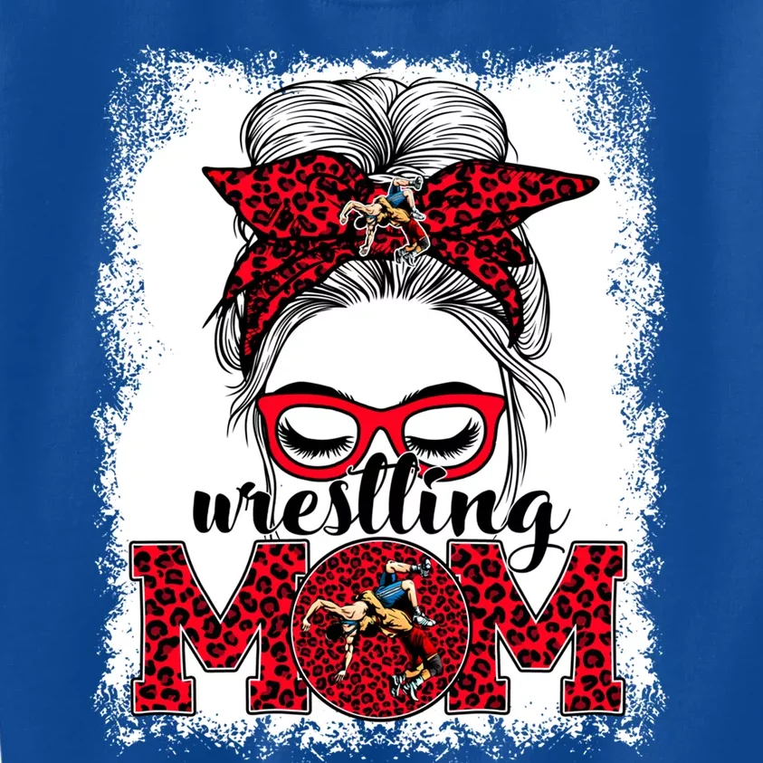 Wrestling Mom Mother's Day Game Day Messy Bun Leopard Gift Kids Sweatshirt