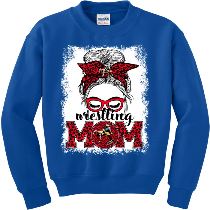 Wrestling Mom Mother's Day Game Day Messy Bun Leopard Gift Kids Sweatshirt