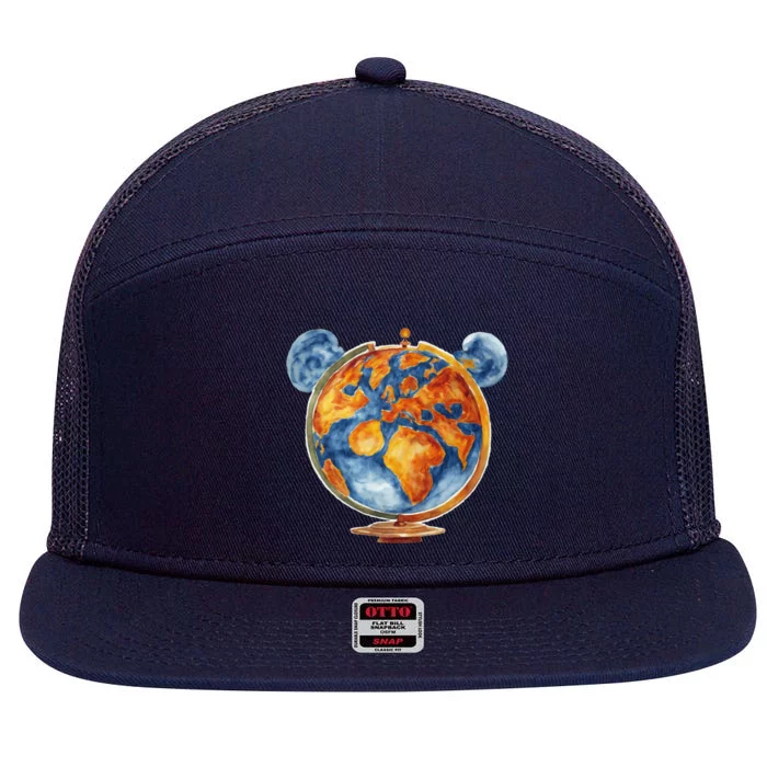 Watercolor Mickey Mouse Earth World Globe 7 Panel Mesh Trucker Snapback Hat