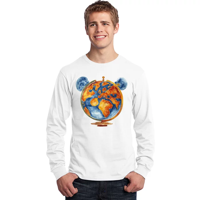 Watercolor Mickey Mouse Earth World Globe Long Sleeve Shirt