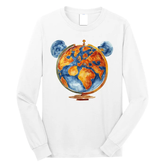 Watercolor Mickey Mouse Earth World Globe Long Sleeve Shirt