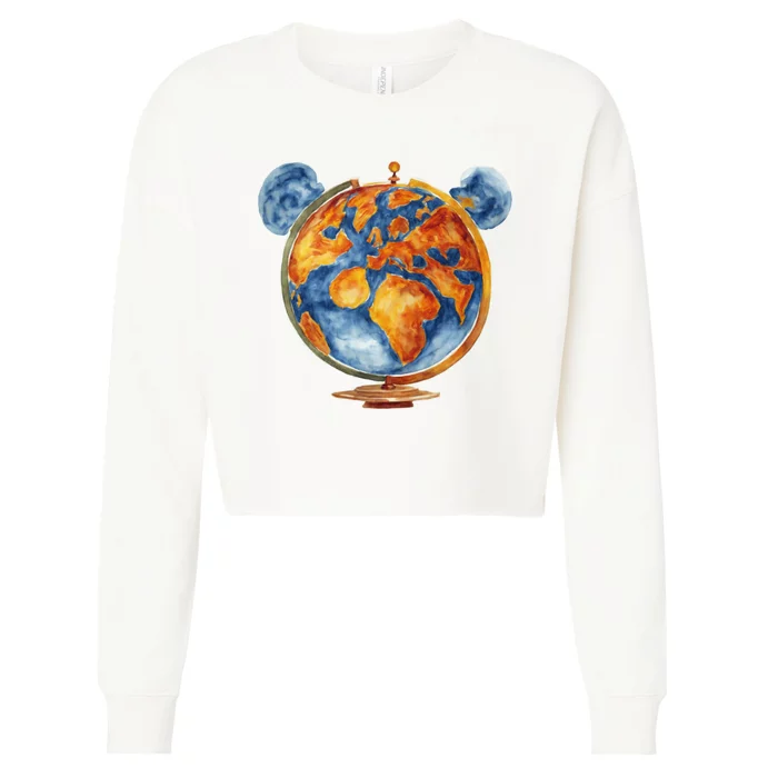 Watercolor Mickey Mouse Earth World Globe Cropped Pullover Crew