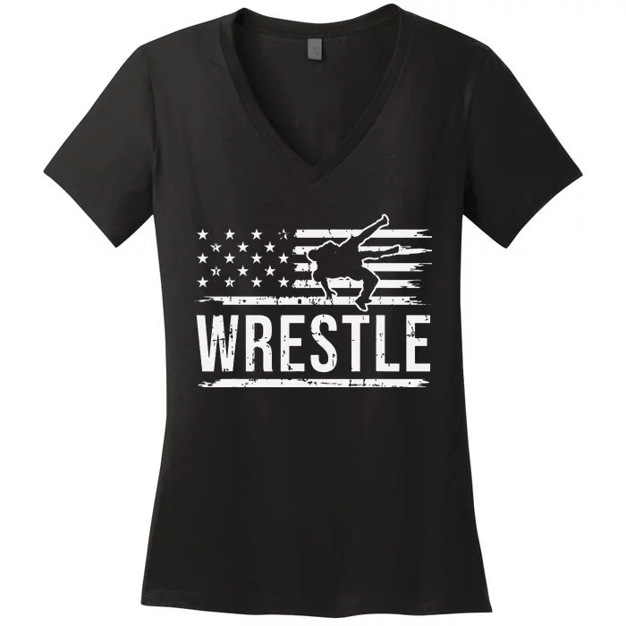 wrestling MMA patriotic flag theme for wrestler graphic Women's V-Neck T-Shirt