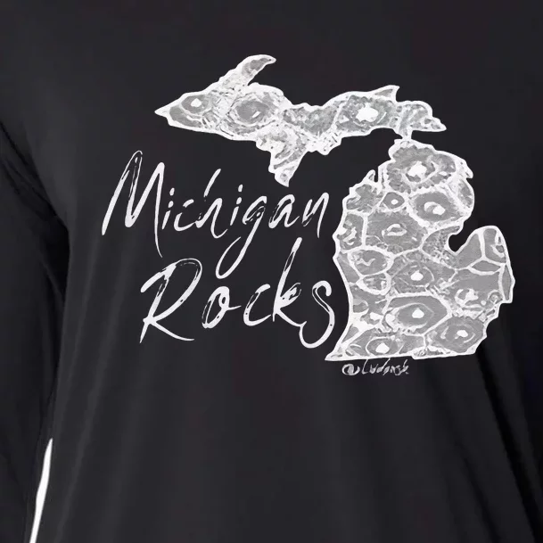 Womens MICHIGAN ROCKS PETOSKEY STONE Cooling Performance Long Sleeve Crew