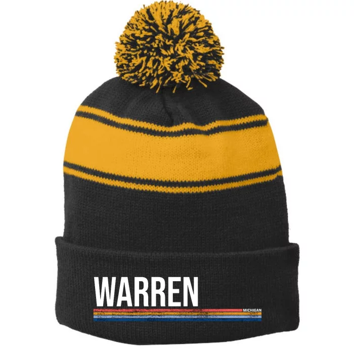 Warren Michigan Retro Logo Stripe Pom Pom Beanie