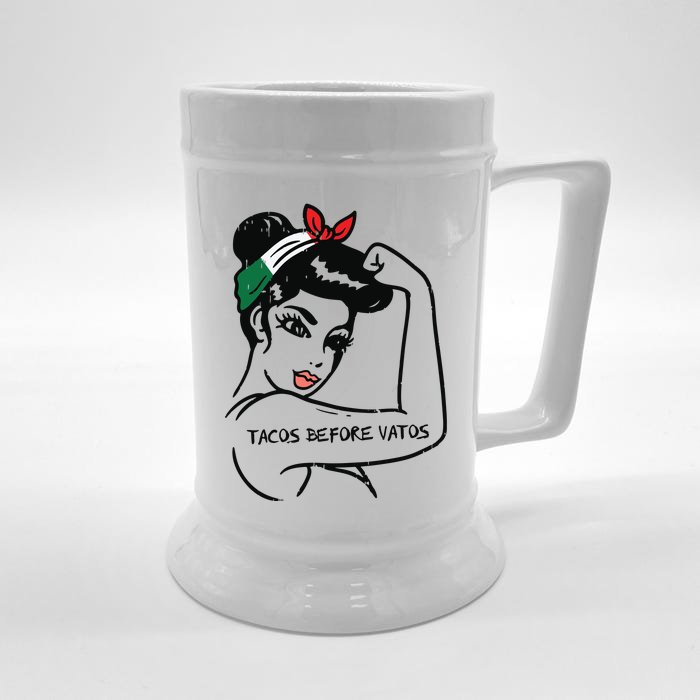 Womens Mexican Rosie Strong Woman Tacos Before Vatos Cinco De Mayo Front & Back Beer Stein