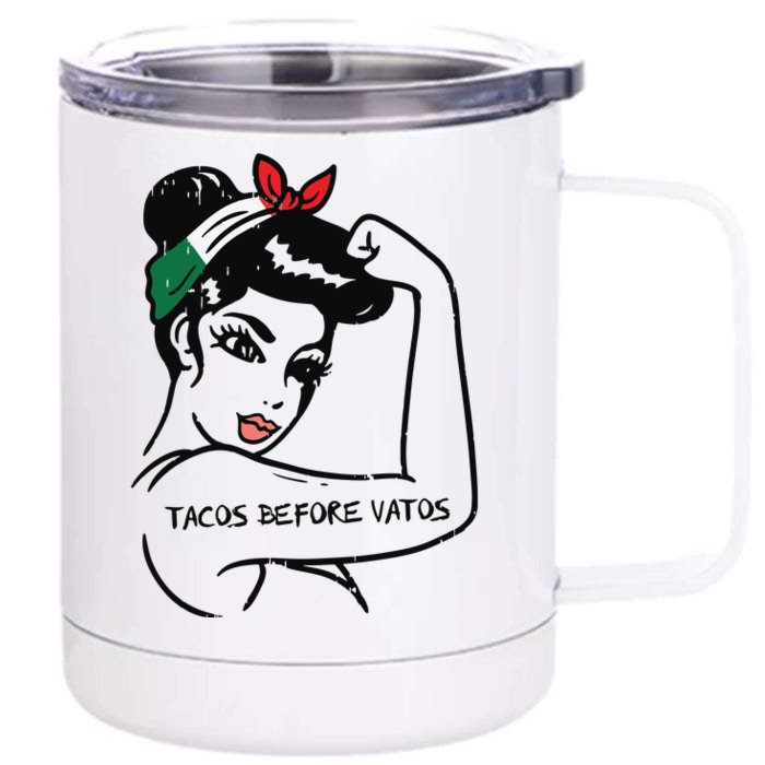 Womens Mexican Rosie Strong Woman Tacos Before Vatos Cinco De Mayo Front & Back 12oz Stainless Steel Tumbler Cup