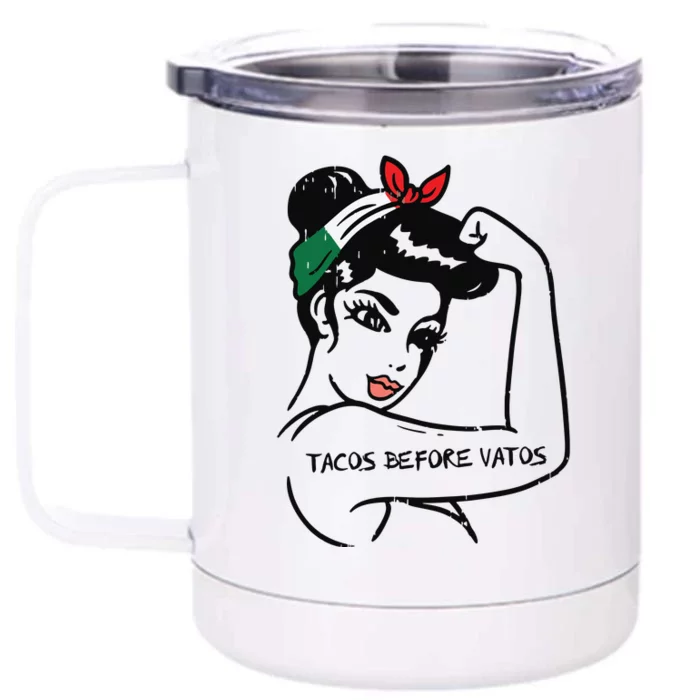 Womens Mexican Rosie Strong Woman Tacos Before Vatos Cinco De Mayo Front & Back 12oz Stainless Steel Tumbler Cup