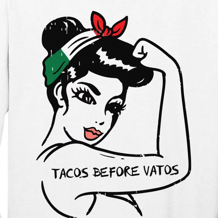 Womens Mexican Rosie Strong Woman Tacos Before Vatos Cinco De Mayo Tall Long Sleeve T-Shirt