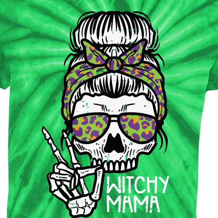 Witchy Mama Skull Leopard Bun Peace Hand Halloween Mom Women Kids Tie-Dye T-Shirt