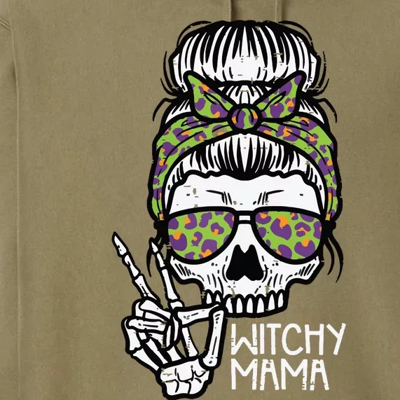 Witchy Mama Skull Leopard Bun Peace Hand Halloween Mom Women Premium Hoodie