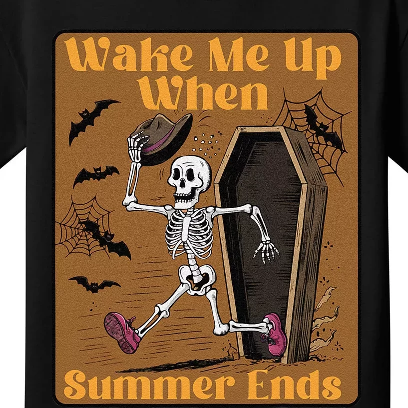 Wake Me Up When Summer Ends Funny Skeleton Running Halloween Kids T-Shirt