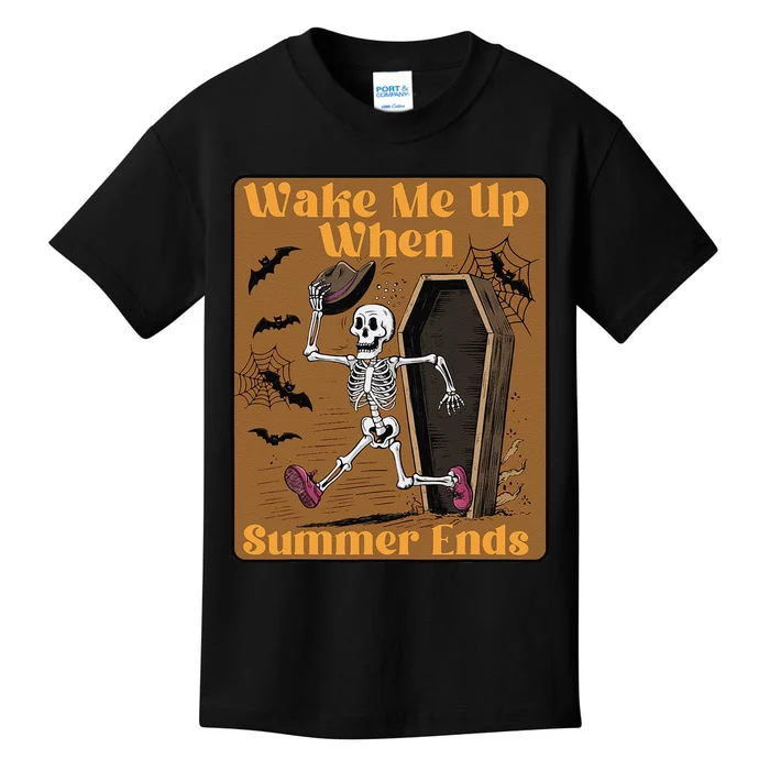 Wake Me Up When Summer Ends Funny Skeleton Running Halloween Kids T-Shirt