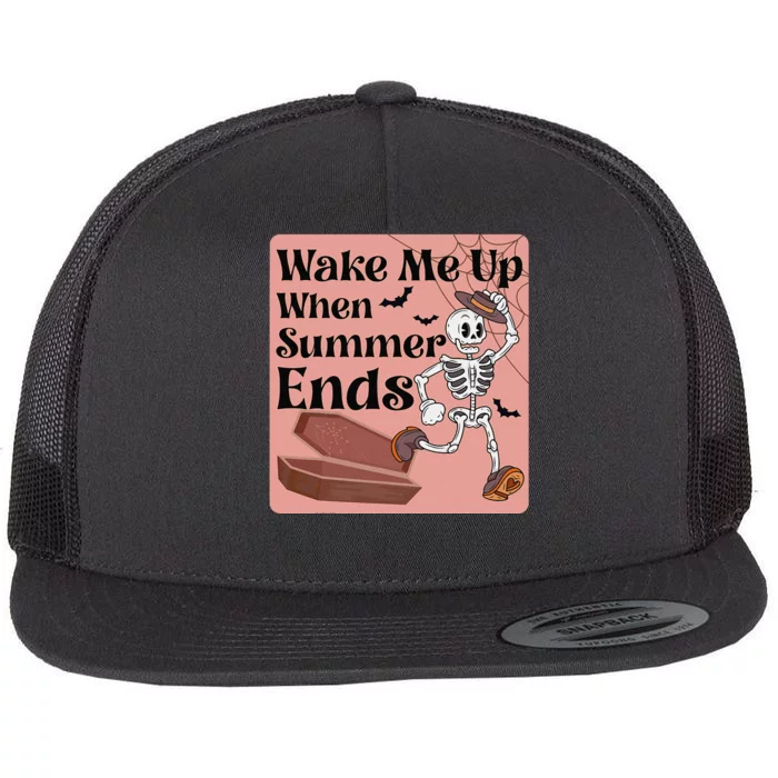 Wake Me Up When Summer Ends Funny Skeleton Running Halloween Flat Bill Trucker Hat