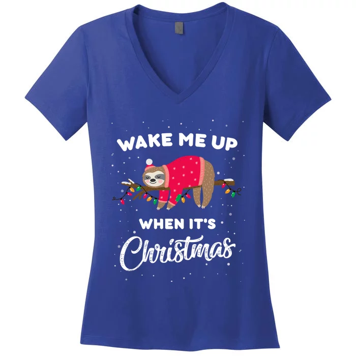 Wake Me Up When Its Christmas Sleeping Cute Sloth Christmas Gift Women's V-Neck T-Shirt