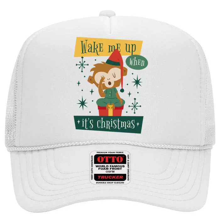 Wake Me Up When It's Christmas Monkey Cute High Crown Mesh Trucker Hat