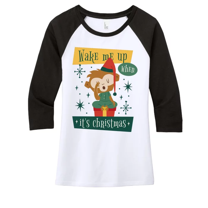 Wake Me Up When It's Christmas Monkey Cute Women's Tri-Blend 3/4-Sleeve Raglan Shirt