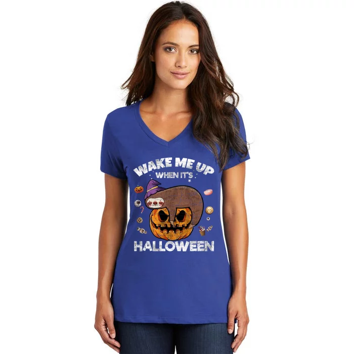 Wake Me Up When Its Halloween Sloth Halloween Graphic Gift Cute Gift Women's V-Neck T-Shirt