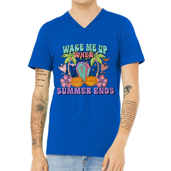 Wake Me Up When Summer Ends Halloween Groovy Summer Vibes Great Gift V-Neck T-Shirt