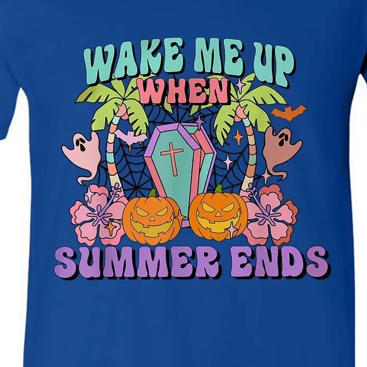 Wake Me Up When Summer Ends Halloween Groovy Summer Vibes Great Gift V-Neck T-Shirt